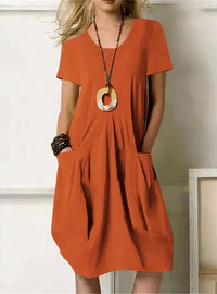 Relaxed Linen V-Neck Midi Dress with Bubble Skirt and Front Pockets