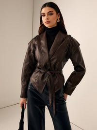 Brown Belted Leather Jacket with Lace-Up Detail