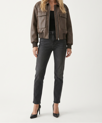 Brown Cropped Leather Bomber Jacket with Chest Pockets