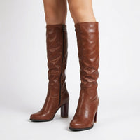 Brown Heeled Leather Knee High Boots with Block Heel