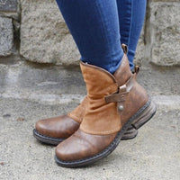 Brown Leather Ankle Boots with Fleece Lining and Buckle Strap