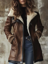 Brown Leather Jacket with Sherpa Collar and Fleece Lining