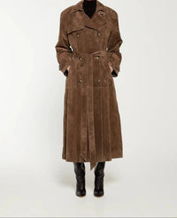 Brown Suede Double Breasted Long Trench Coat with Belt