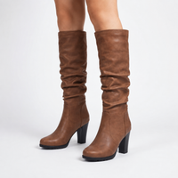 Brown Heeled Leather Knee High Boots with Block Heel