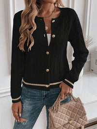 Cable Knit Cardigan with Gold Buttons and Contrast Trim