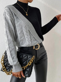 Cable Knit Colour Block Sweater with Mock Neck