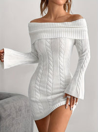 Cable Knit Off Shoulder Mini Dress with Flared Sleeves