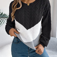 Cable Knit Sweater with Chevron Colour Block Panel