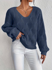 Cable Knit Sweater with V-Neckline and Puff Sleeves
