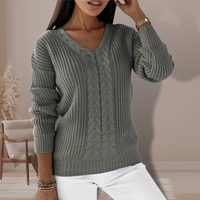 Cable Knit Sweater with V-Neckline and Ribbed Cuffs