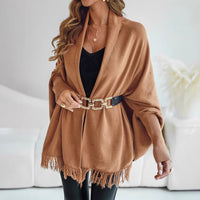 Camel Knit Poncho with Fringe Hem and Wide Sleeves