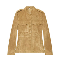 Caramel Suede Military Jacket with Stand Collar and Epaulettes