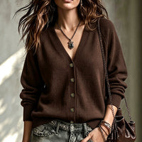 Cashmere-Feel V-Neck Cardigan with Bronze Buttons