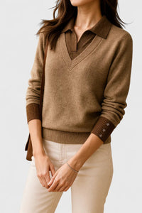 Cashmere-Feel V-Neck Sweater with Polo Collar and Contrast Cuffs
