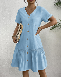 Casual Linen Button Down Summer Dress with Ruffle Hem