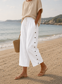 Casual Linen Capri Pants with Button Detail and Elasticated Waist