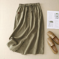 Casual Linen Midi Skirt with Elasticated Waist and Button Front