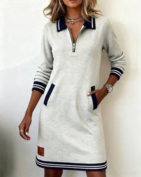 Casual Sweatshirt Mini Dress with Navy Contrast Trim and Zip Collar