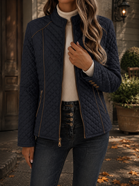 Fitted Quilted Jacket with Stand Collar and Contrast Piping
