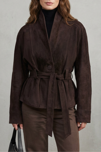 Chic Belted Suede Jacket with Wrap Front and Wide Collar