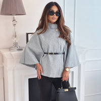 Chic Cape Sleeve Knit Sweater with High Neck and Gold Button
