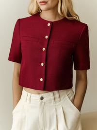 Chic Cropped Blazer with Gold Buttons and Short Sleeves