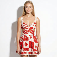 Chic Floral Print Mini Dress with Cut-Out Waist and Full Skirt