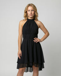 Chic Halter Neck Dress with Layered Skirt and Gathered Waist