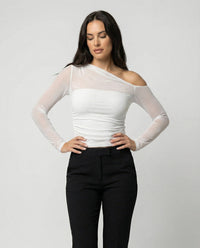 Chic One Shoulder Mesh Top with Long Sleeves