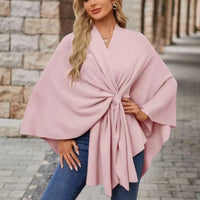Chic Wrap Knot Poncho with V-Neckline and Wide Sleeves