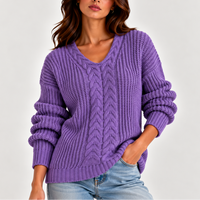 Chunky Cable Knit Sweater with V-Neckline and Puff Sleeves
