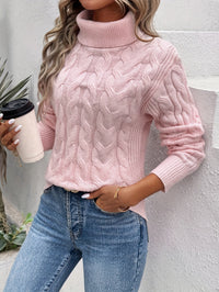 Chunky Cable Knit Turtleneck Sweater with Side Splits