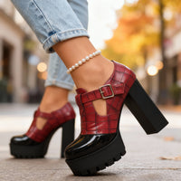 Chunky Platform Heels with Croc Embossed Upper and Buckle Strap