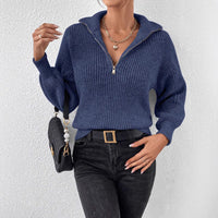 Chunky Ribbed Half Zip Sweater with Wide Collar