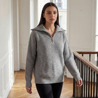 Chunky Ribbed Knit Sweater with Half Zip Collar