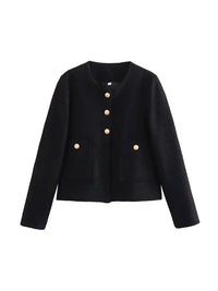 Classic Tweed Jacket with Gold Buttons and Round Neckline