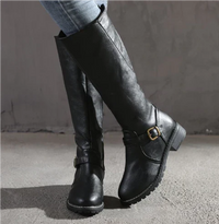 Classic Leather Knee High Boots with Buckle Strap and Block Heel