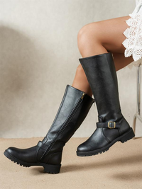Classic Leather Knee High Boots with Buckle Strap and Lug Sole