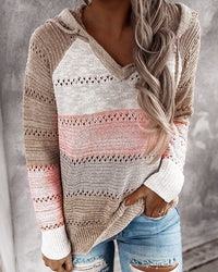 Colour Block Hooded Knit Sweater with Open Knit Detail