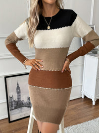 Colour Block Knit Sweater Dress with Contrast Stitch Detail