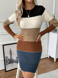 Colour Block Knit Sweater Dress with Contrast Stitch Detail