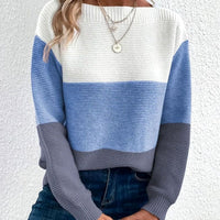 Colour Block Knit Sweater with Boat Neckline