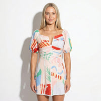 Colourful Abstract Print Mini Dress with Puff Sleeves