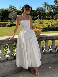 Corset Midi Dress with Square Neckline and Full Skirt