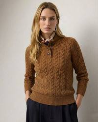 Cosy Cable Knit Cashmere Sweater with Button Neck
