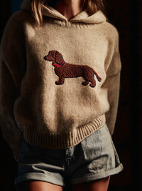 Cosy Hooded Knit Sweater with Dachshund Embroidery
