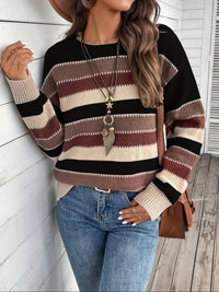 Cosy Striped Colour Block Sweater with Round Neck