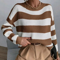 Cosy Striped Knit Sweater with Crew Neck and Ribbed Cuffs