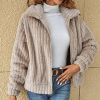 Cosy Teddy Fleece Jacket with Wide Collar and Ribbed Texture