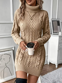 Cosy Turtleneck Cable Knit Mini Sweater Dress with Long Sleeves